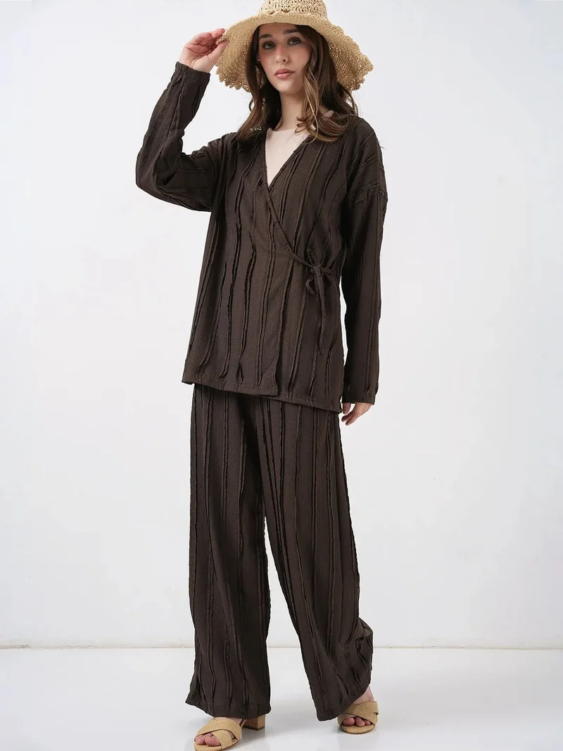 BIG DART BDART Textured V-Neck Tie Detail Kimono & Wide Leg Pants Set